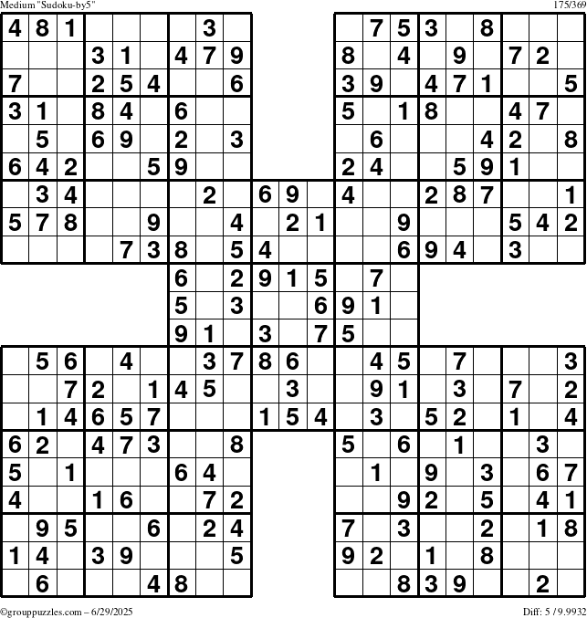 The grouppuzzles.com Medium Sudoku-by5 puzzle for Sunday June 29, 2025