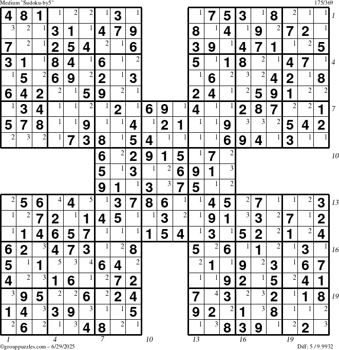 The grouppuzzles.com Medium Sudoku-by5 puzzle for Sunday June 29, 2025 with all 5 steps marked