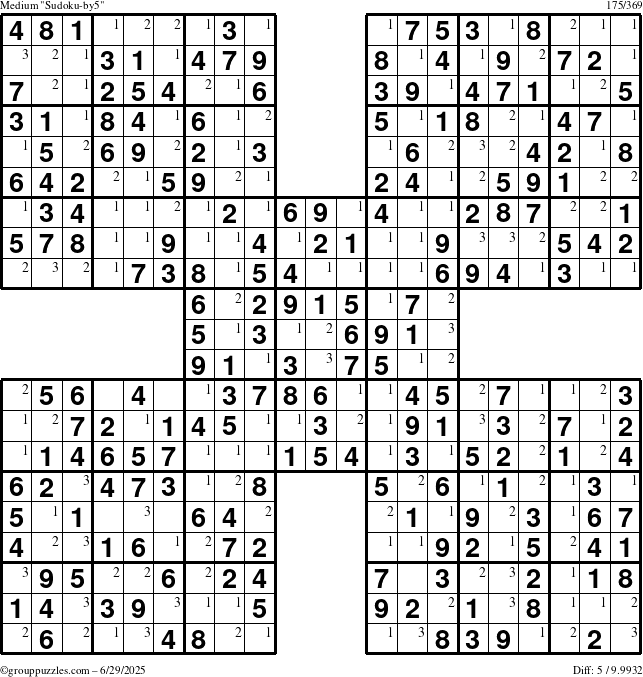The grouppuzzles.com Medium Sudoku-by5 puzzle for Sunday June 29, 2025 with the first 3 steps marked