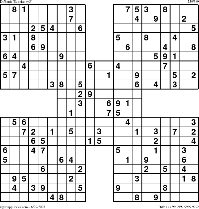 The grouppuzzles.com Difficult Sudoku-by5 puzzle for Sunday June 29, 2025