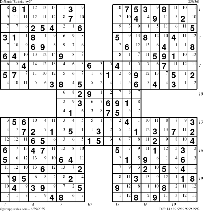 The grouppuzzles.com Difficult Sudoku-by5 puzzle for Sunday June 29, 2025 with all 14 steps marked