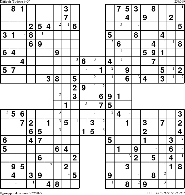 The grouppuzzles.com Difficult Sudoku-by5 puzzle for Sunday June 29, 2025 with the first 3 steps marked