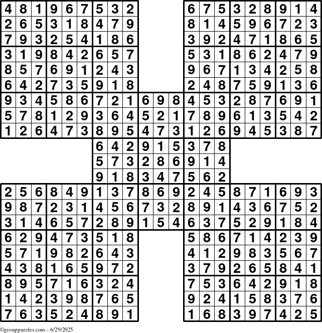 The grouppuzzles.com Answer grid for the Sudoku-by5 puzzle for Sunday June 29, 2025