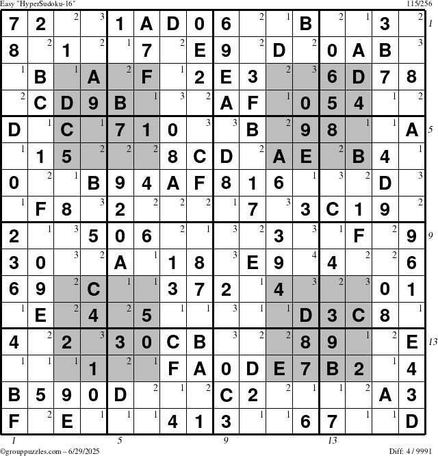 The grouppuzzles.com Easy HyperSudoku-16 puzzle for Sunday June 29, 2025 with all 4 steps marked