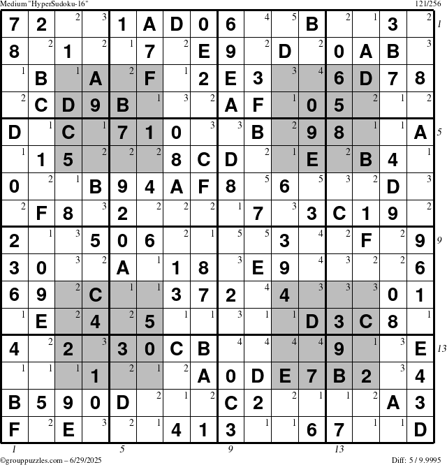 The grouppuzzles.com Medium HyperSudoku-16 puzzle for Sunday June 29, 2025 with all 5 steps marked