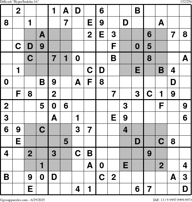 The grouppuzzles.com Difficult HyperSudoku-16 puzzle for Sunday June 29, 2025