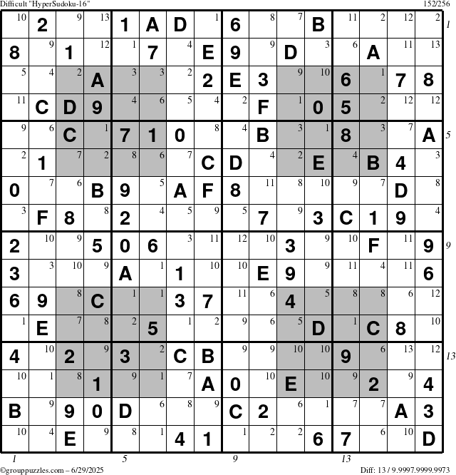 The grouppuzzles.com Difficult HyperSudoku-16 puzzle for Sunday June 29, 2025 with all 13 steps marked