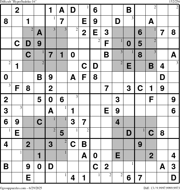 The grouppuzzles.com Difficult HyperSudoku-16 puzzle for Sunday June 29, 2025 with the first 3 steps marked