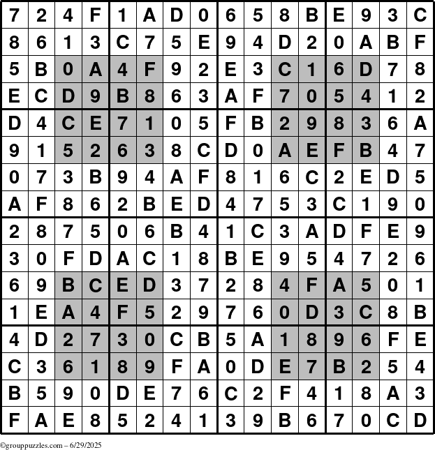 The grouppuzzles.com Answer grid for the HyperSudoku-16 puzzle for Sunday June 29, 2025