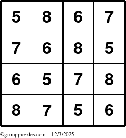 The grouppuzzles.com Answer grid for the Sudoku-4-5678 puzzle for Wednesday December 3, 2025