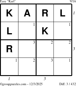 The grouppuzzles.com Easy Karl puzzle for Wednesday December 3, 2025, suitable for printing, with all 3 steps marked