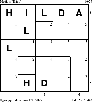 The grouppuzzles.com Medium Hilda puzzle for Wednesday December 3, 2025, suitable for printing, with all 5 steps marked