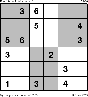 The grouppuzzles.com Easy SuperSudoku-Junior puzzle for Wednesday December 3, 2025