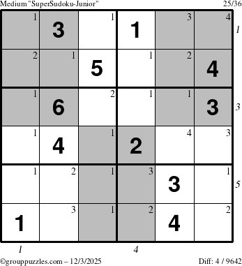 The grouppuzzles.com Medium SuperSudoku-Junior puzzle for Wednesday December 3, 2025, suitable for printing, with all 4 steps marked