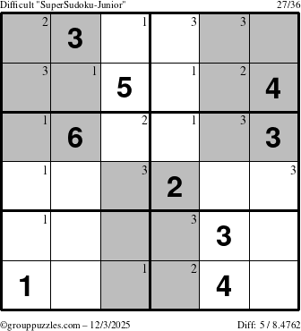 The grouppuzzles.com Difficult SuperSudoku-Junior puzzle for Wednesday December 3, 2025 with the first 3 steps marked