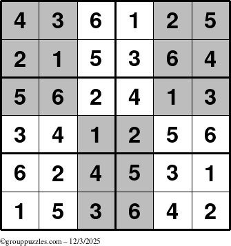 The grouppuzzles.com Answer grid for the SuperSudoku-Junior puzzle for Wednesday December 3, 2025
