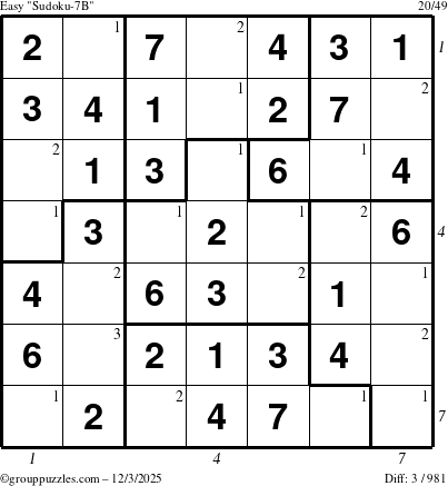 The grouppuzzles.com Easy Sudoku-7B puzzle for Wednesday December 3, 2025, suitable for printing, with all 3 steps marked