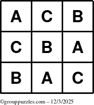 The grouppuzzles.com Answer grid for the TicTac-ABC puzzle for Wednesday December 3, 2025