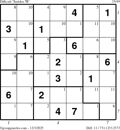 The grouppuzzles.com Difficult Sudoku-7B puzzle for Wednesday December 3, 2025, suitable for printing, with all 11 steps marked