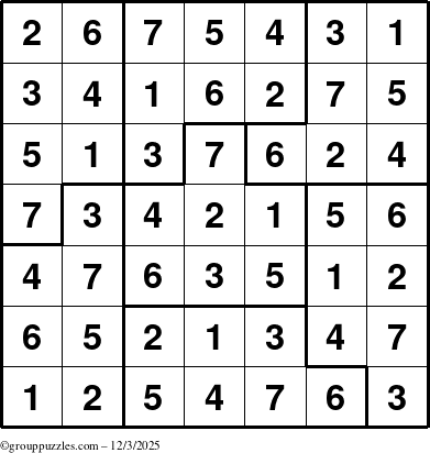 The grouppuzzles.com Answer grid for the Sudoku-7B puzzle for Wednesday December 3, 2025