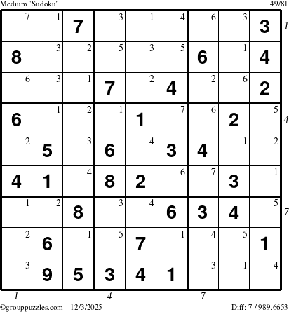 The grouppuzzles.com Medium Sudoku puzzle for Wednesday December 3, 2025 with all 7 steps marked