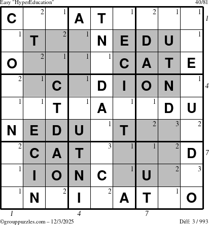 The grouppuzzles.com Easy HyperEducation-i23 puzzle for Wednesday December 3, 2025, suitable for printing, with all 3 steps marked