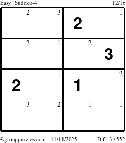 The grouppuzzles.com Easy Sudoku-4 puzzle for Tuesday November 11, 2025 with the first 3 steps marked