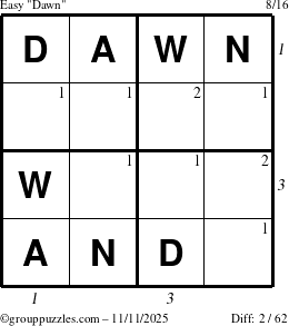 The grouppuzzles.com Easy Dawn puzzle for Tuesday November 11, 2025, suitable for printing, with all 2 steps marked