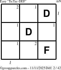 The grouppuzzles.com Easy TicTac-DEF puzzle for Tuesday November 11, 2025 with all 2 steps marked