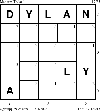 The grouppuzzles.com Medium Dylan puzzle for Tuesday November 11, 2025 with all 5 steps marked
