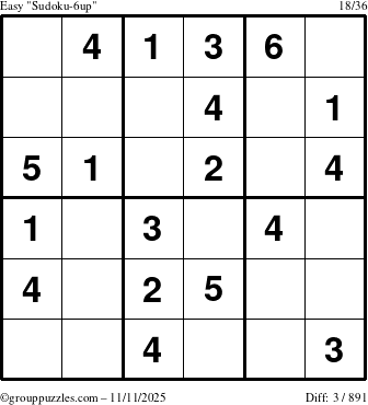 The grouppuzzles.com Easy Sudoku-6up puzzle for Tuesday November 11, 2025