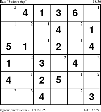 The grouppuzzles.com Easy Sudoku-6up puzzle for Tuesday November 11, 2025 with the first 3 steps marked
