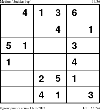 The grouppuzzles.com Medium Sudoku-6up puzzle for Tuesday November 11, 2025