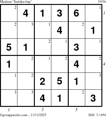 The grouppuzzles.com Medium Sudoku-6up puzzle for Tuesday November 11, 2025 with all 3 steps marked