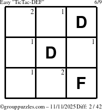 The grouppuzzles.com Easy TicTac-DEF puzzle for Tuesday November 11, 2025 with the first 2 steps marked