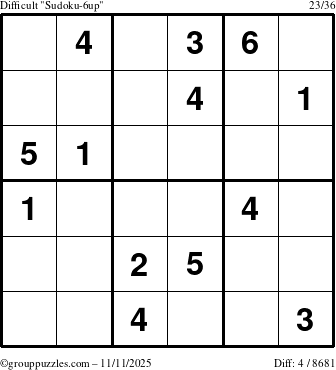 The grouppuzzles.com Difficult Sudoku-6up puzzle for Tuesday November 11, 2025