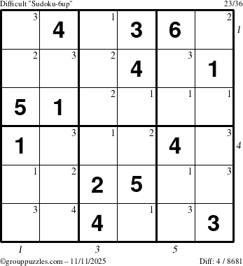 The grouppuzzles.com Difficult Sudoku-6up puzzle for Tuesday November 11, 2025 with all 4 steps marked