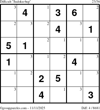 The grouppuzzles.com Difficult Sudoku-6up puzzle for Tuesday November 11, 2025 with the first 3 steps marked