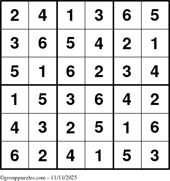 The grouppuzzles.com Answer grid for the Sudoku-6up puzzle for Tuesday November 11, 2025