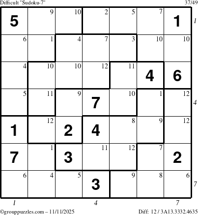 The grouppuzzles.com Difficult Sudoku-7 puzzle for Tuesday November 11, 2025, suitable for printing, with all 12 steps marked