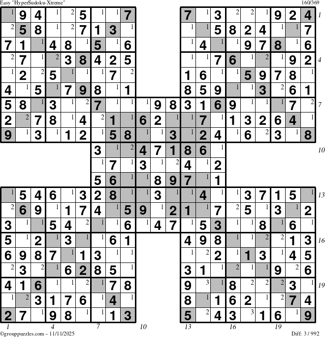The grouppuzzles.com Easy HyperSudoku-Xtreme puzzle for Tuesday November 11, 2025 with all 3 steps marked