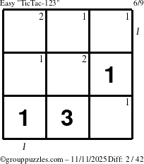 The grouppuzzles.com Easy TicTac-123 puzzle for Tuesday November 11, 2025 with all 2 steps marked