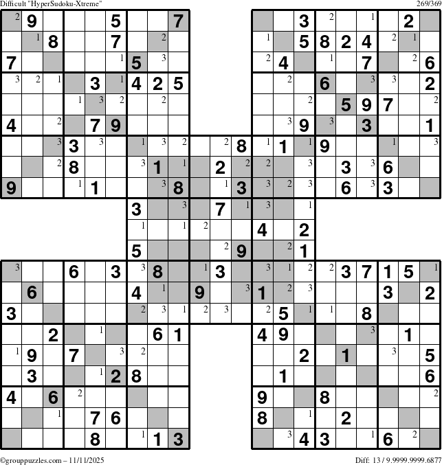 The grouppuzzles.com Difficult HyperSudoku-Xtreme puzzle for Tuesday November 11, 2025 with the first 3 steps marked