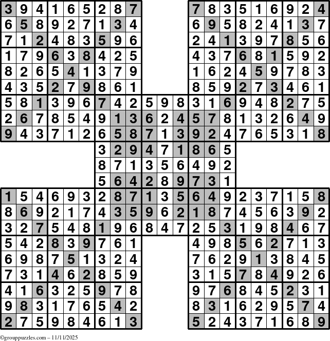 The grouppuzzles.com Answer grid for the HyperSudoku-Xtreme puzzle for Tuesday November 11, 2025