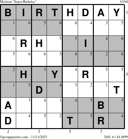 The grouppuzzles.com Medium Super-Birthday puzzle for Tuesday November 11, 2025 with all 6 steps marked