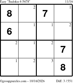 The grouppuzzles.com Easy Sudoku-4-5678 puzzle for Friday October 16, 2026 with the first 3 steps marked