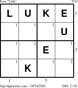 The grouppuzzles.com Easy Luke puzzle for Friday October 16, 2026 with all 2 steps marked
