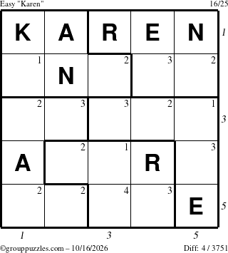 The grouppuzzles.com Easy Karen puzzle for Friday October 16, 2026 with all 4 steps marked