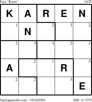 The grouppuzzles.com Easy Karen puzzle for Friday October 16, 2026 with the first 3 steps marked