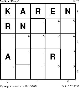 The grouppuzzles.com Medium Karen puzzle for Friday October 16, 2026, suitable for printing, with all 5 steps marked